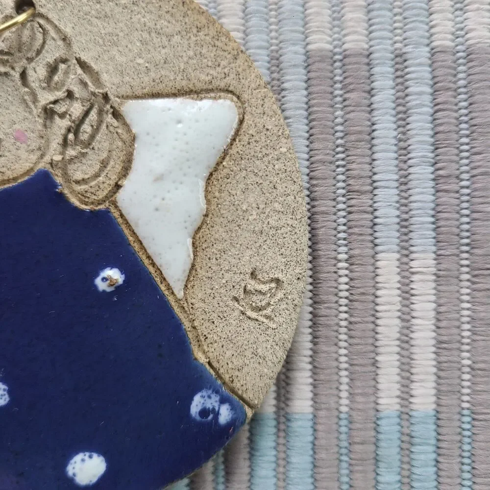 Vintage Handmade Sandcast Clay Enamel Angel Ornament Round Disc Wire Halo Wings